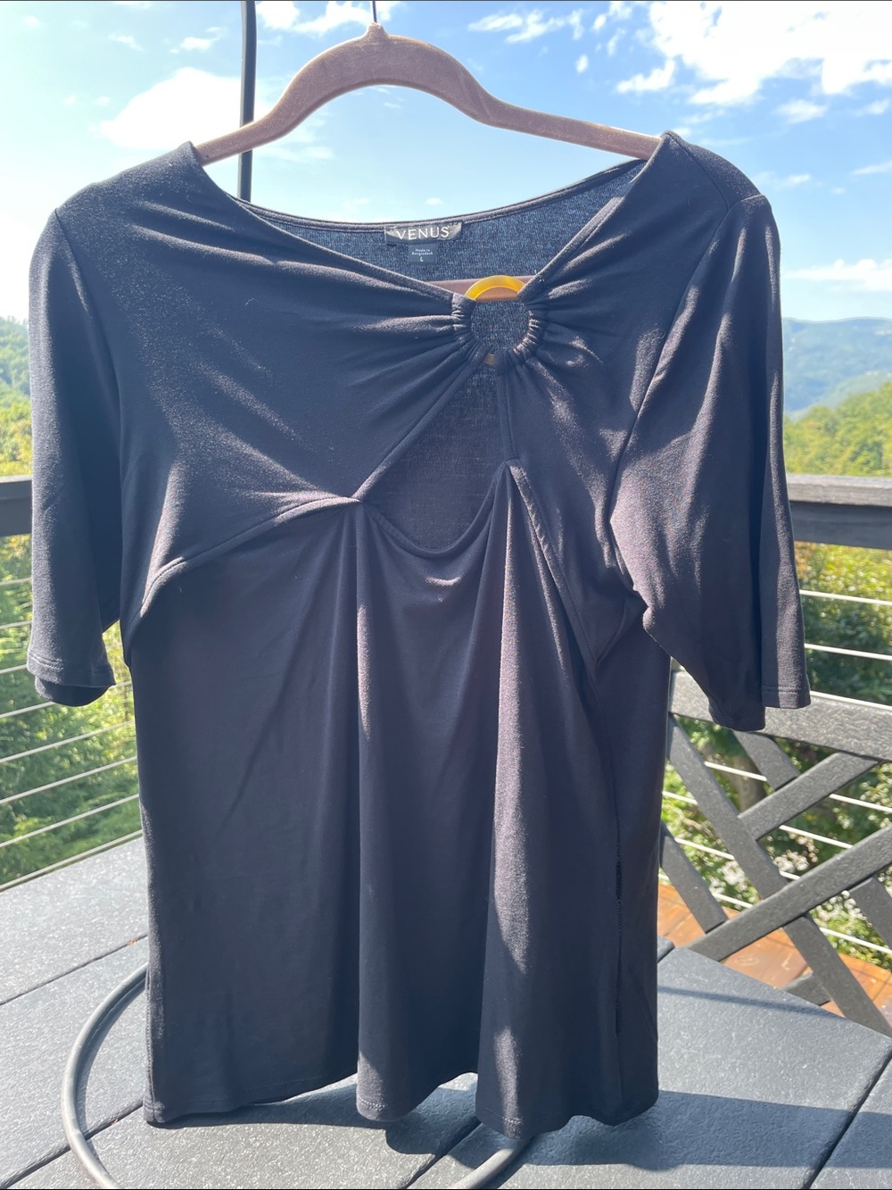 VENUS Black Short Sleeve Top with Ring Knot Detail